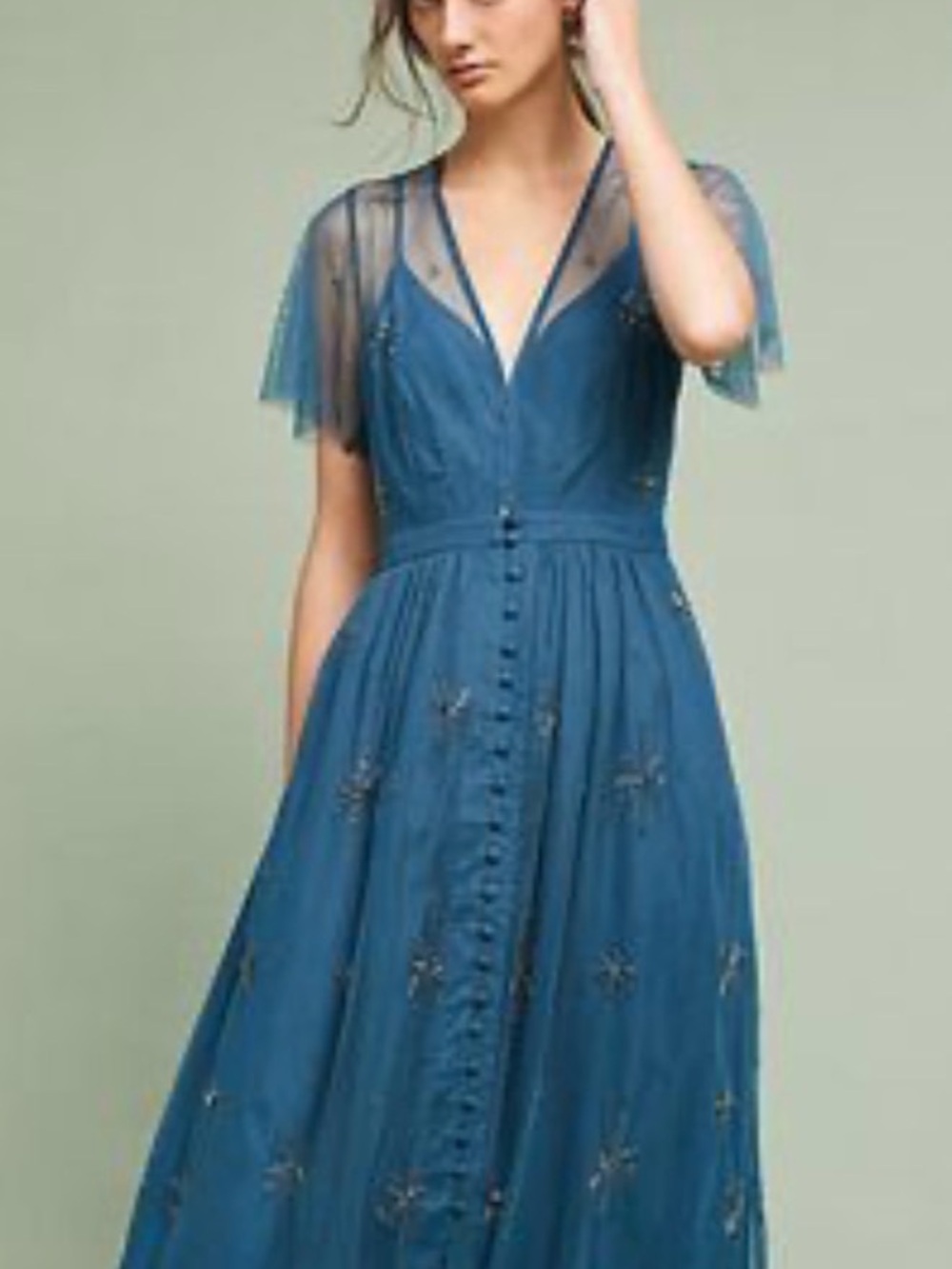 Embellished Blue V-Neck Midi Dress - Picture 10 of 17